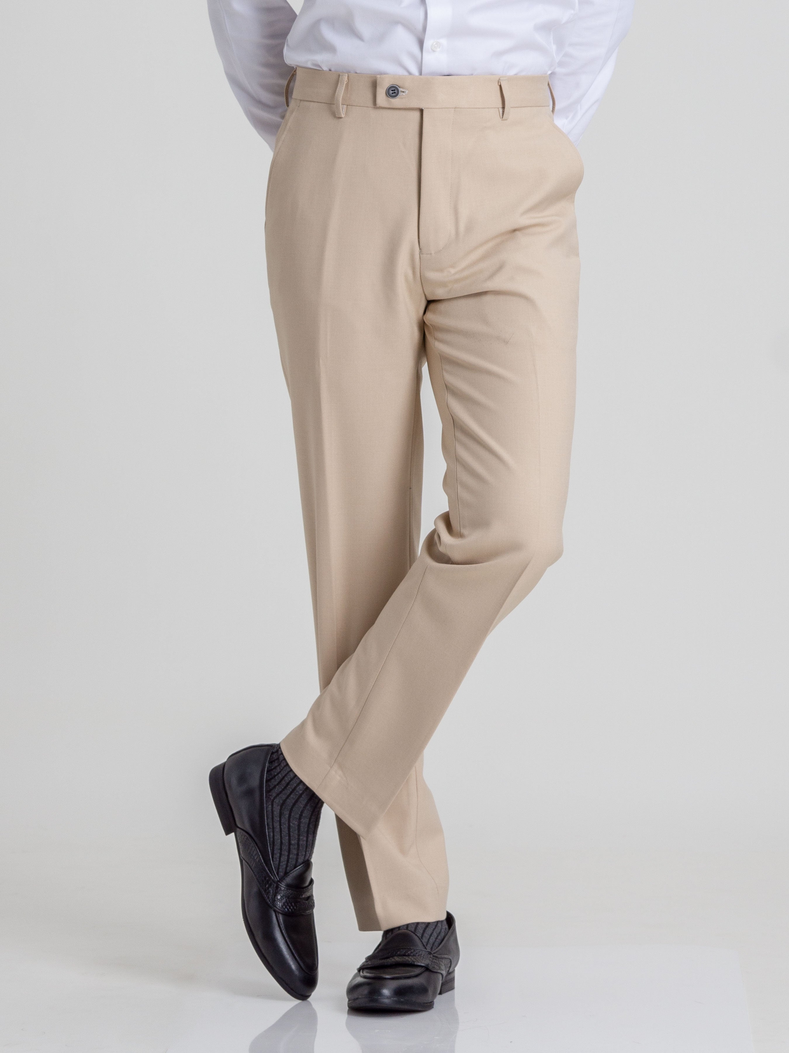 Trousers With Belt Loop - Beige Plain (Stretchable) - Zeve Shoes