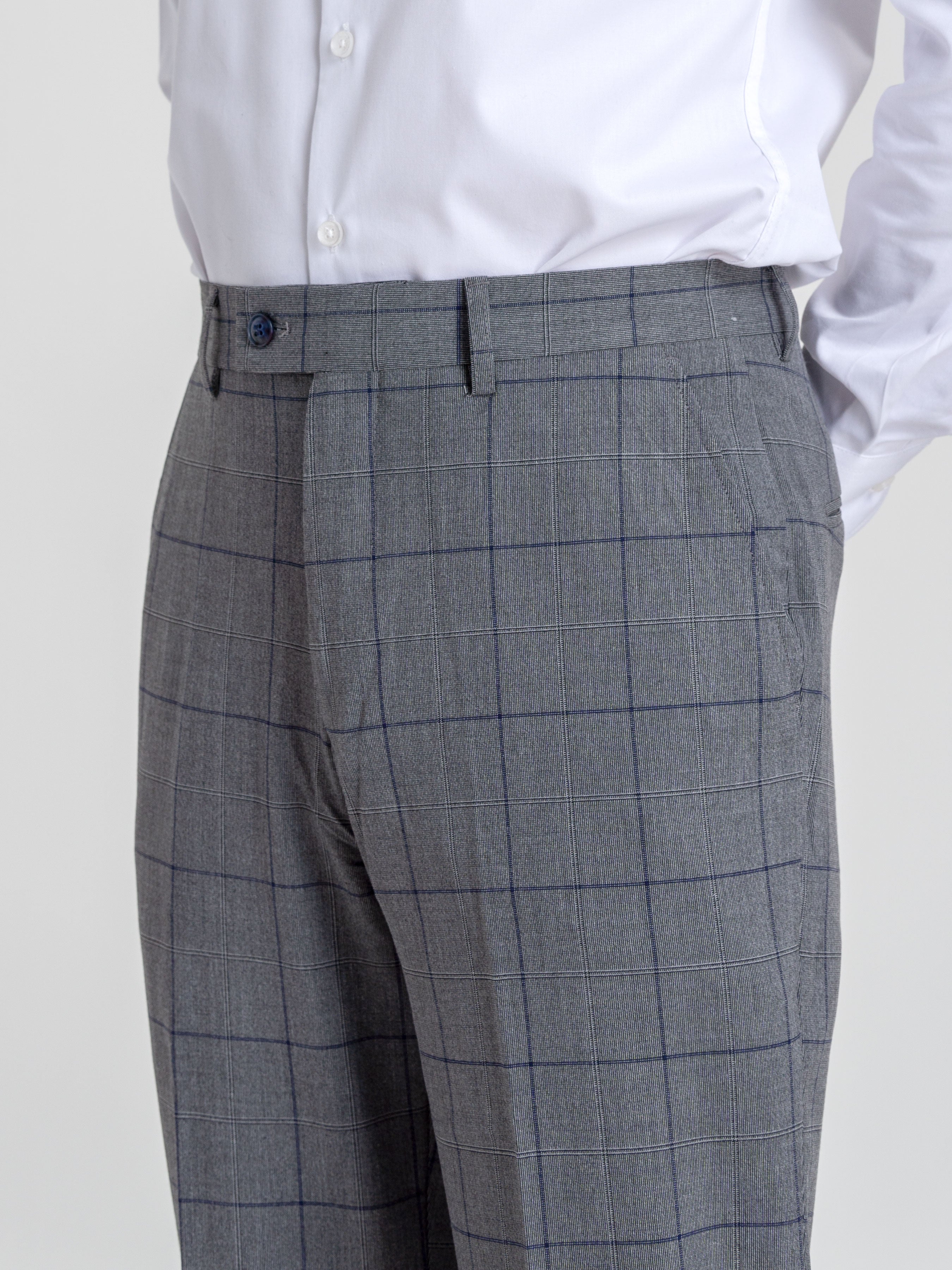 Trousers With Belt Loop - Dark Grey With Blue Line Windowpane Checkere ...