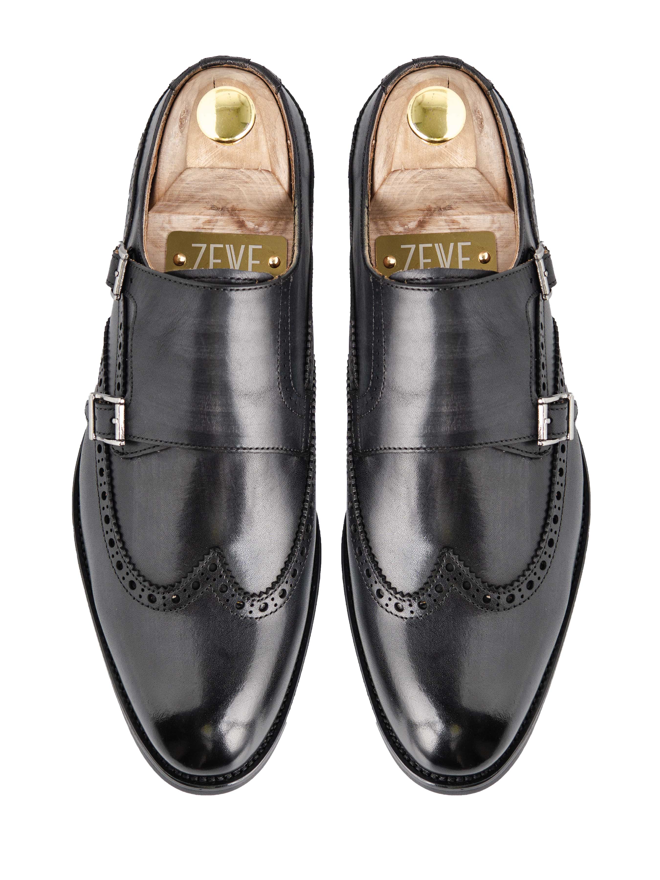 Double Monk Strap Brogue Wingtip - Black Grey (Hand Painted Patina) - Zeve Shoes