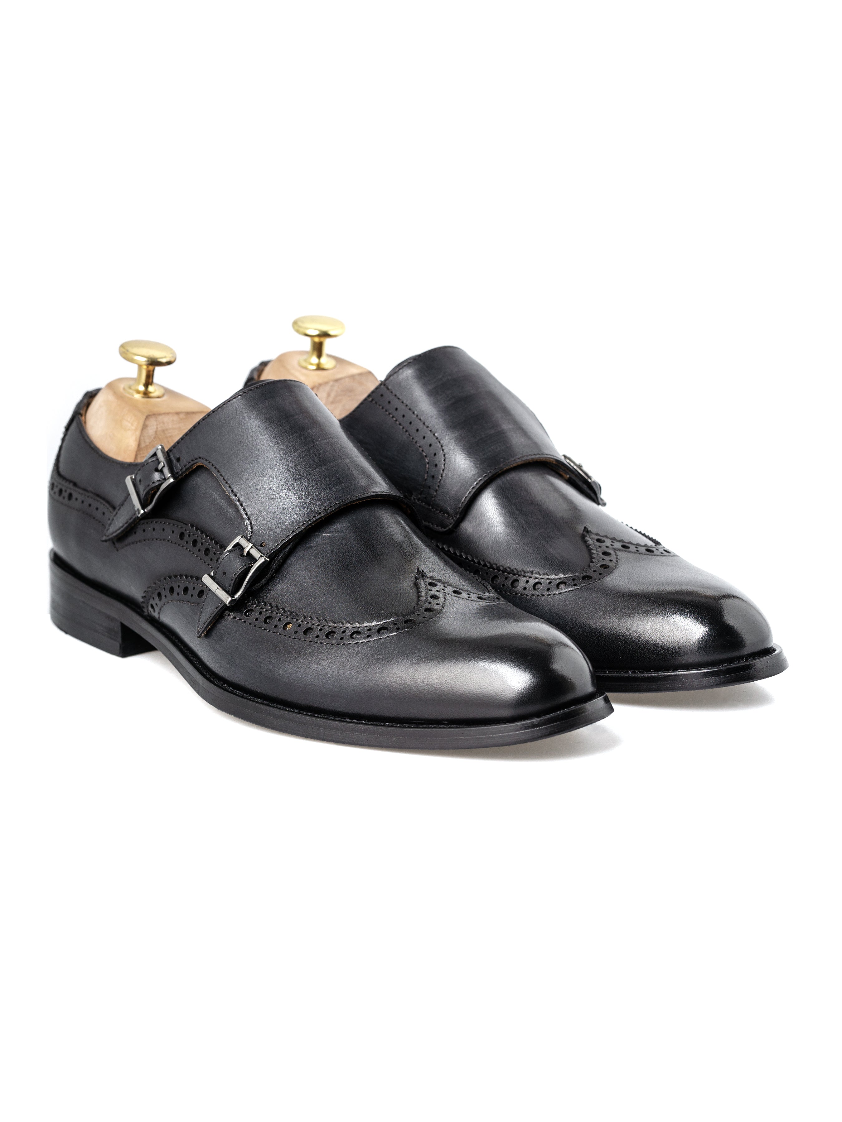 Double Monk Strap Brogue Wingtip - Duo Tone Black (Hand Painted Patina ...