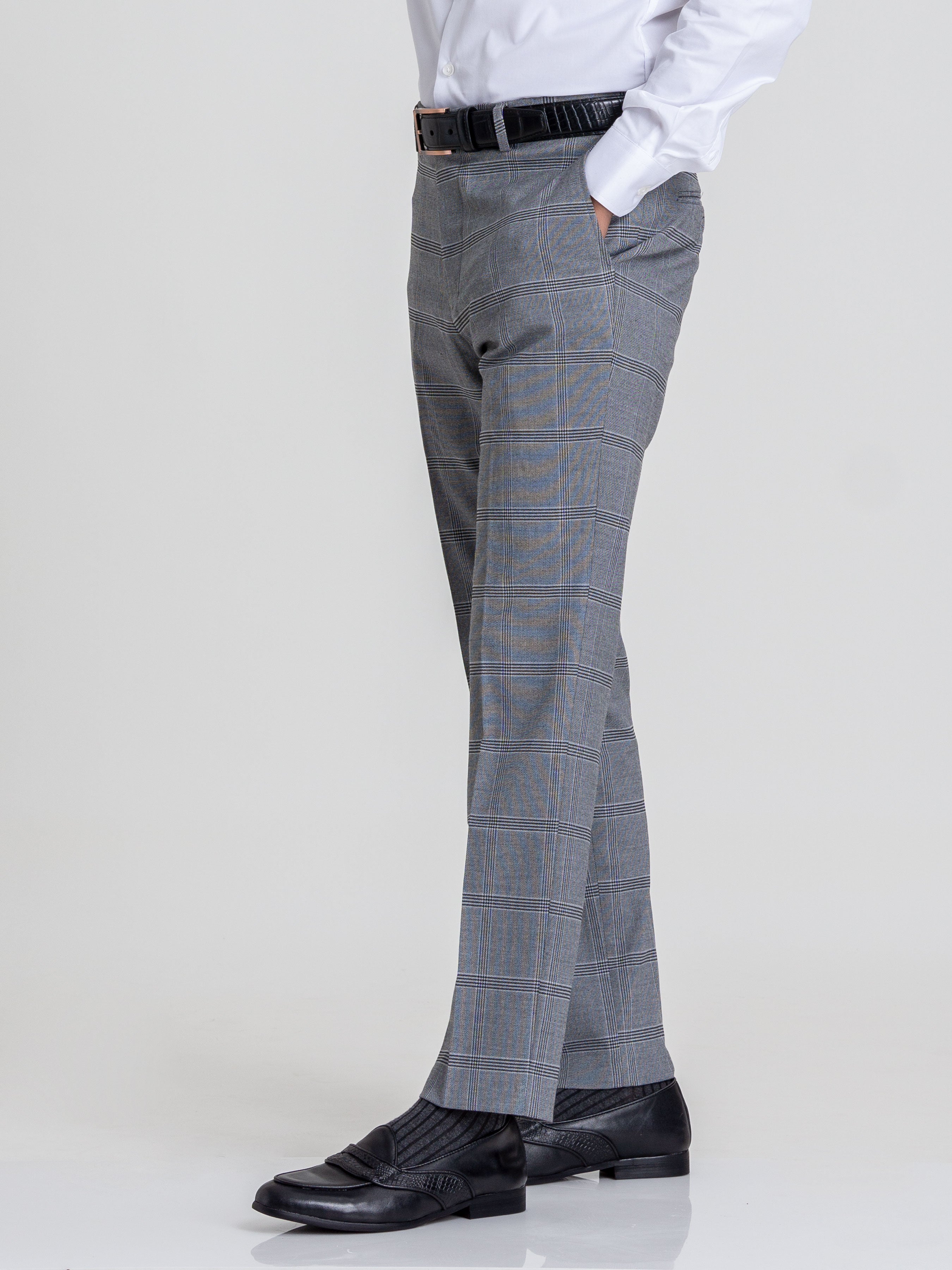 Trousers With Belt Loop - Grey Checkered (Stretchable) - Zeve Shoes