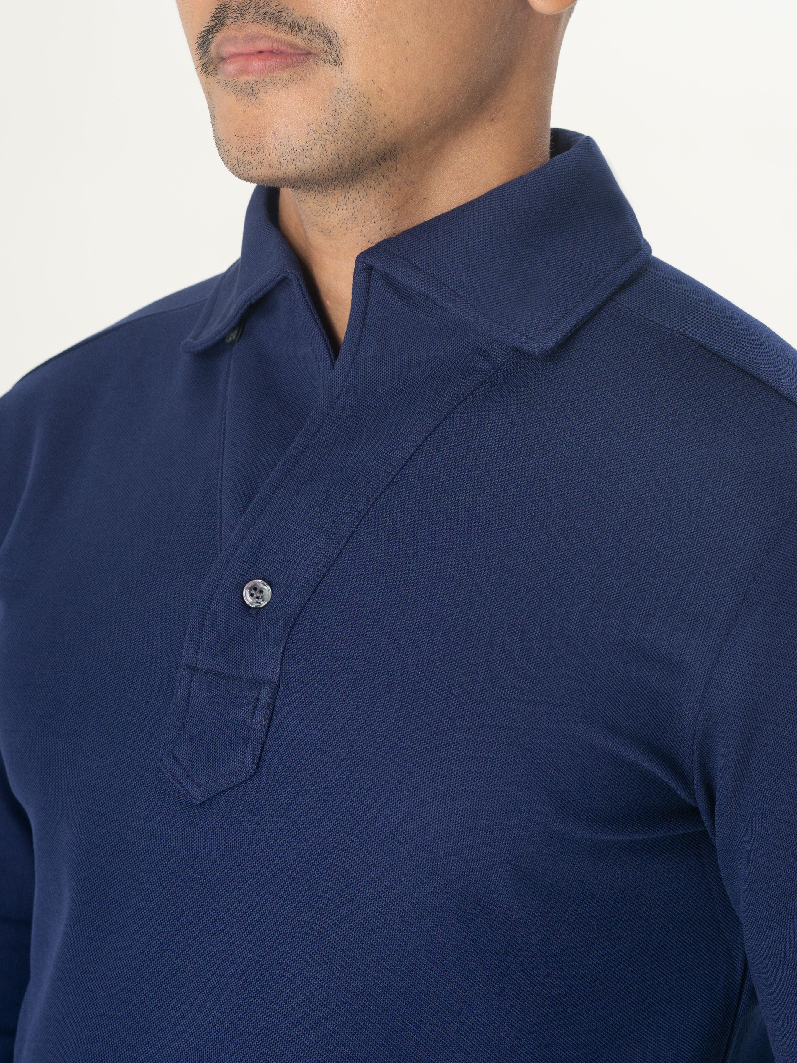 Long Sleeve Polo Shirt - Navy Blue One-Piece Collar Single Button ...