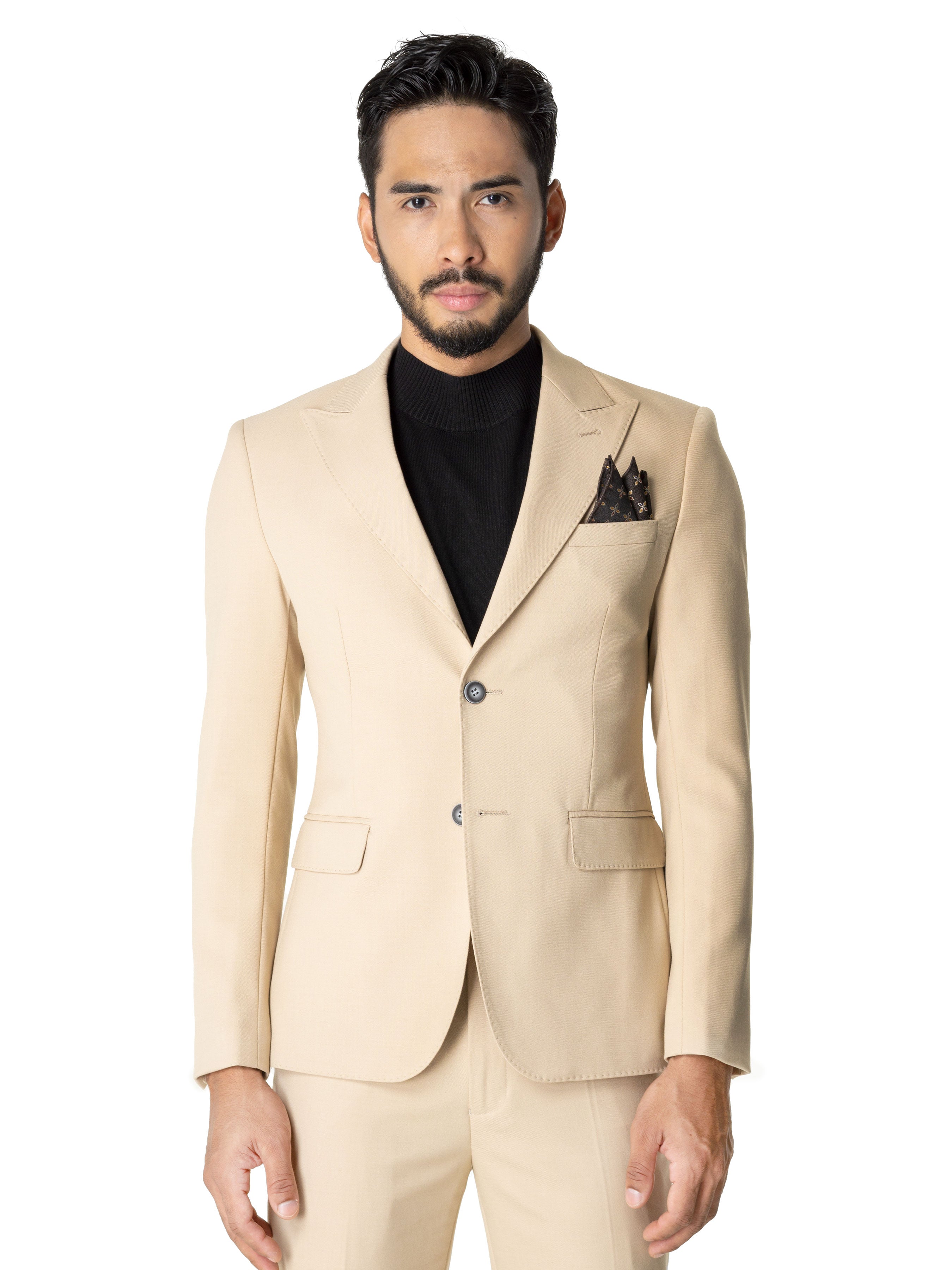 Single Breasted Suit Blazer - Beige Plain (Peak Lapel) - Zeve Shoes