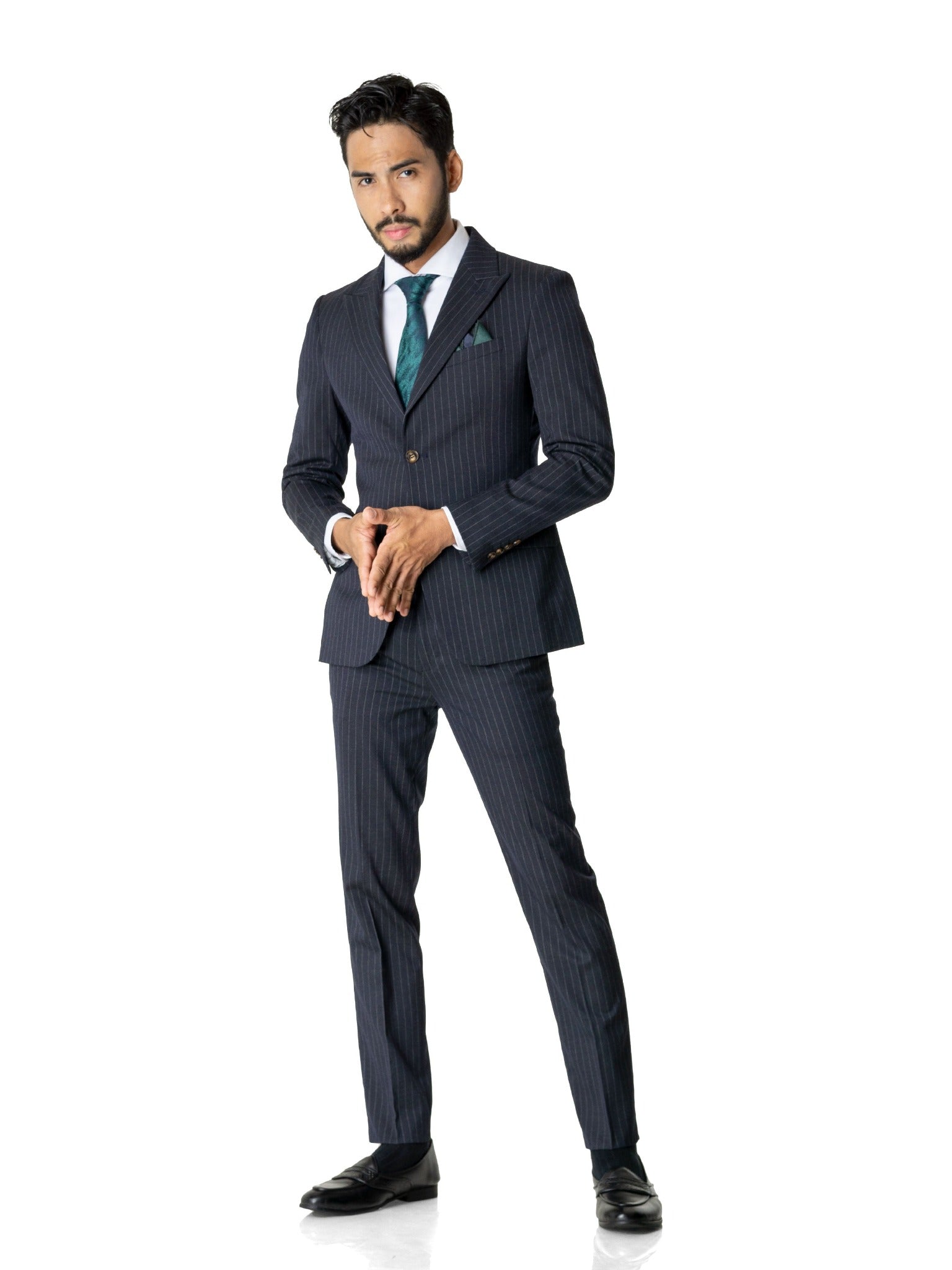 Single Breasted Suit Blazer - Dark Blue Stripes (Peak Lapel) - Zeve Shoes