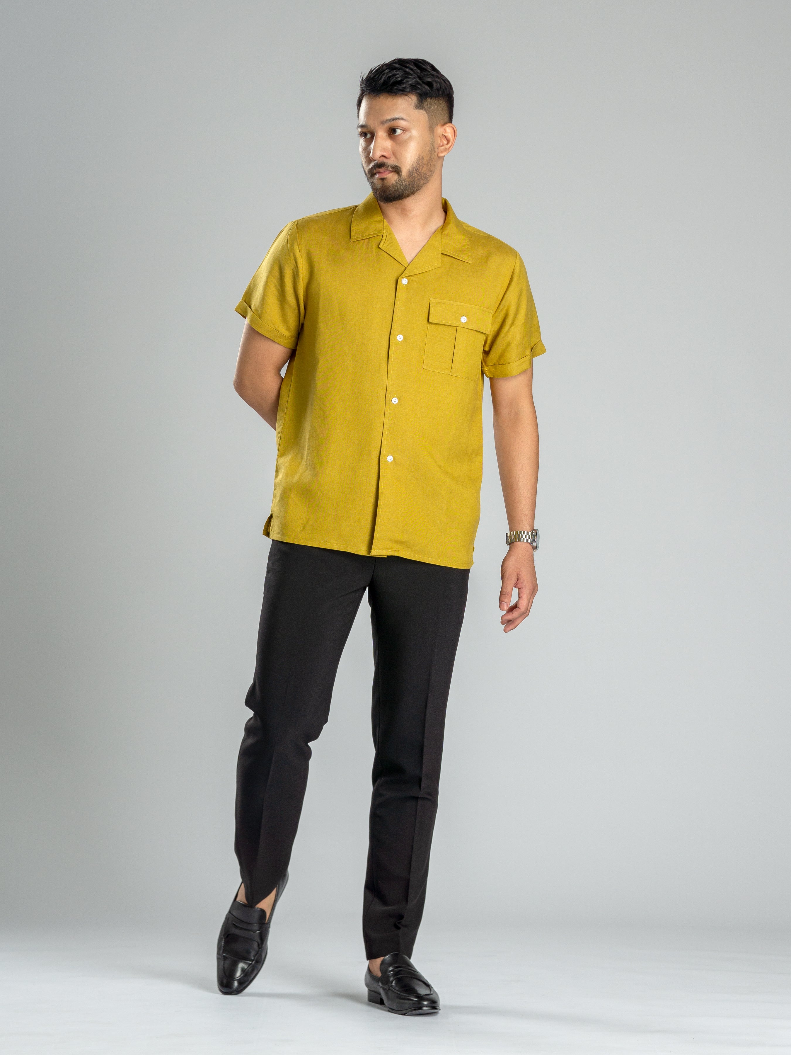 Linen Cuban Collar Shirt - Warm Olive - Zeve Shoes