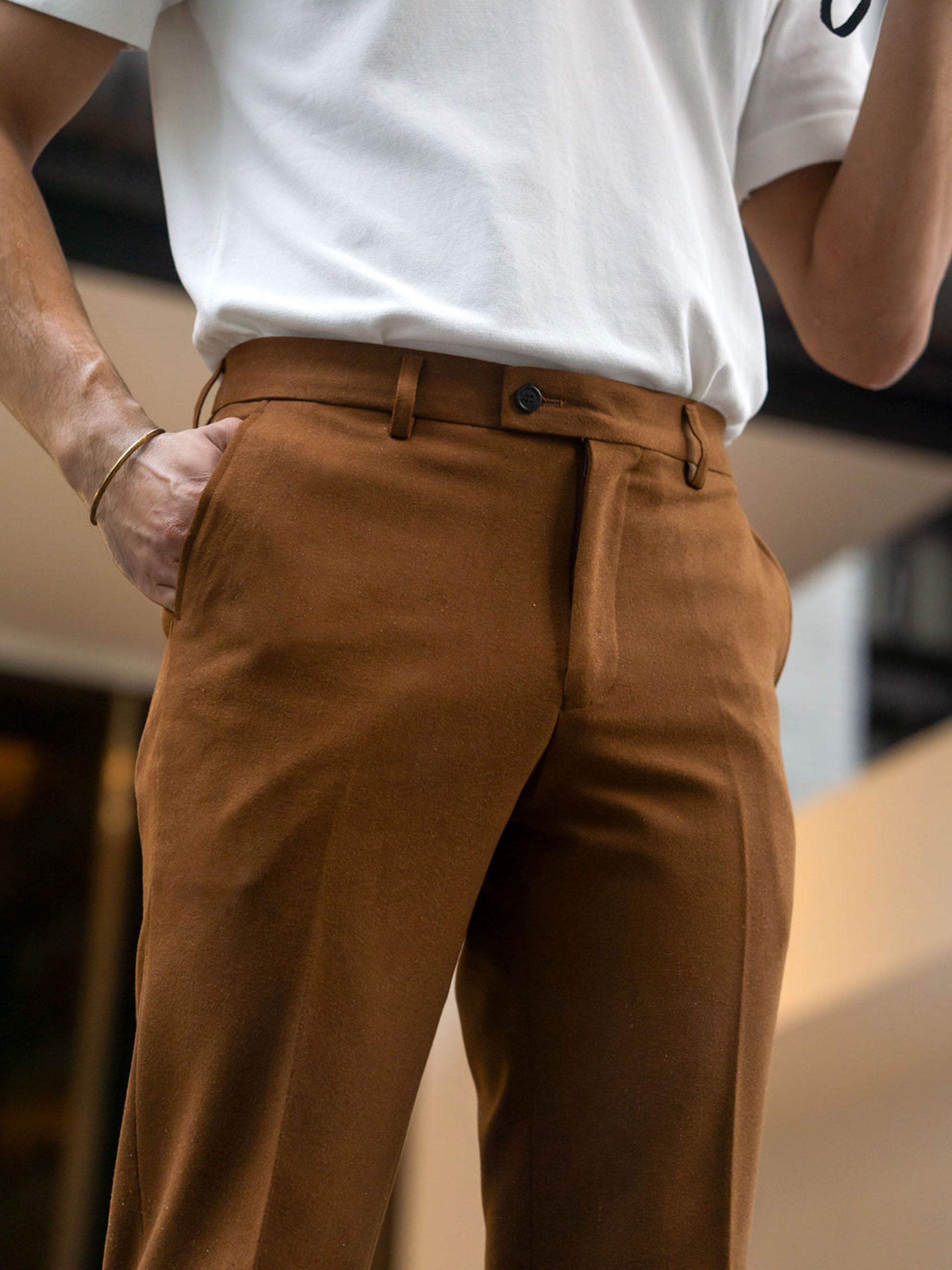 Trousers With Belt Loop  Cinnamon Textured Plain Stretchable  Zeve Shoes